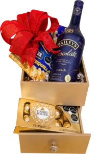 Alhajero Baileys de DILSA, regalo ejecutivo en Gómez Palacio: alhajero de madera con Baileys y Ferrero Rocher