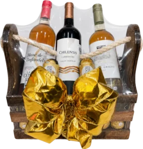 Canasta de Mesa de DILSA, regalo ejecutivo en Torreón: vino tinto, vino blanco y vino rosado en canasta de madera