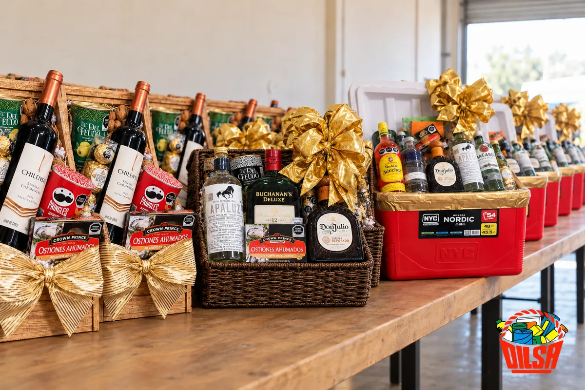 Arcones navideños de DILSA en canastas, cajas y hieleras, armados en una mesa larga