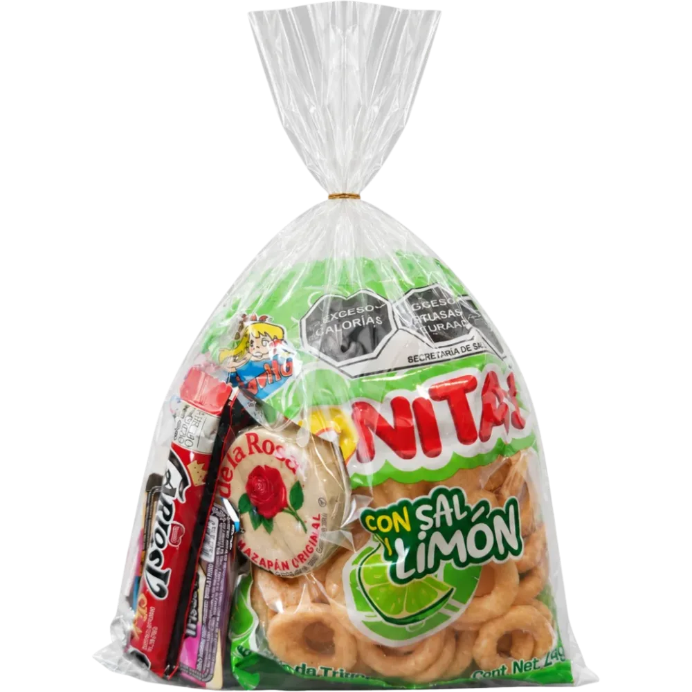 Bolo Tradicional de DILSA para fiestas en Torreón: bolsa de celofán con botana mega dona, mazapán, Carlos V y paleta