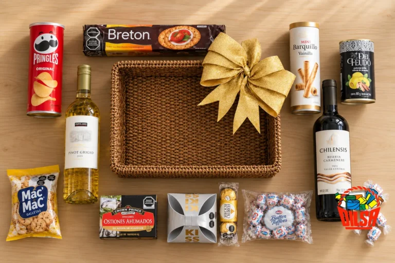 Canasta Clásica de DILSA abierta con botanas, chocolates y dulces a la vista