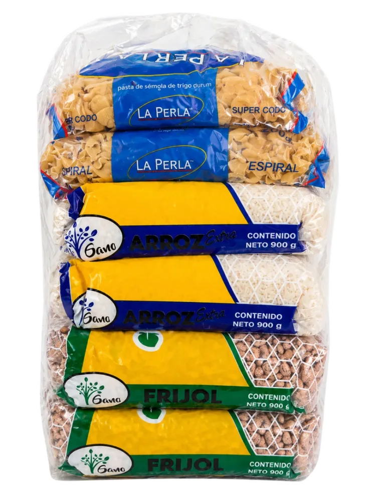 Despensa No. 6 de DILSA para empresas en Torreón, de frente: pastas para sopa, arroz y frijol pinto apilados