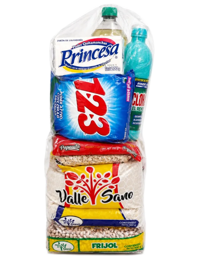 Despensa No. 9 de DILSA para empresas en Torreón, de frente: harina, detergente, cloro, arroz y frijol