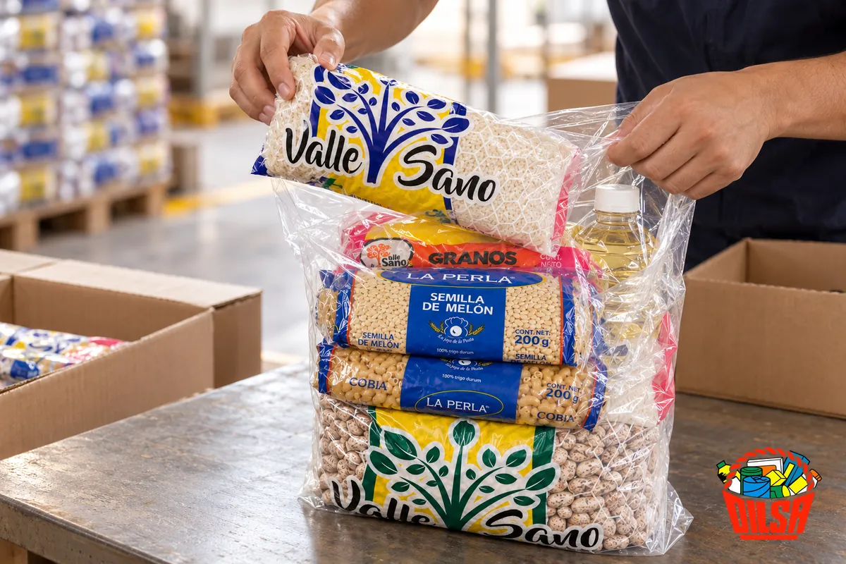 Despensa básica de DILSA con frijol, arroz, pasta y aceite en su bolsa