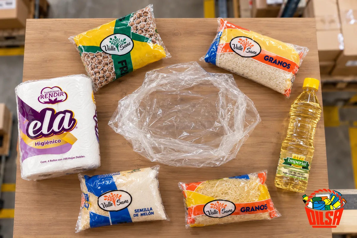 Frijol, arroz, pasta, aceite y papel higiénico de una despensa básica de DILSA junto a su bolsa vacía